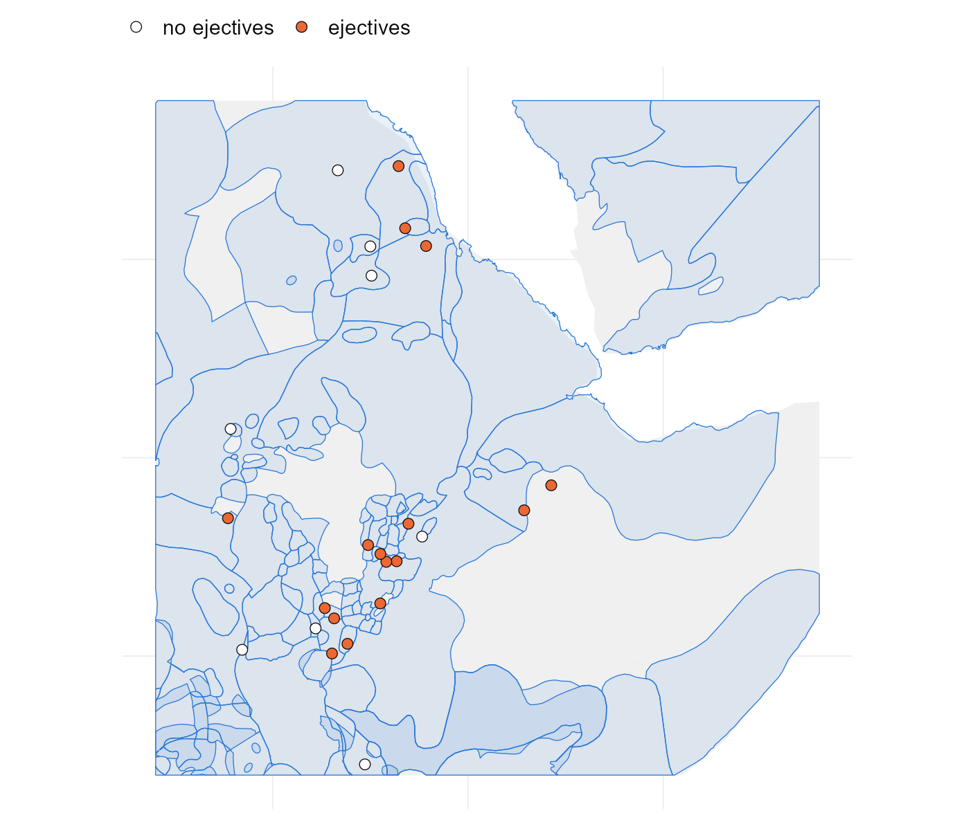 Speaker areas from the atlas (blue) around the Horn of Africa, with the Glottolog points of the sample languages on top. Filled points have ejectives. The areas differ enormously in size, some land (grey) has no area at all, and each language is still a single point.