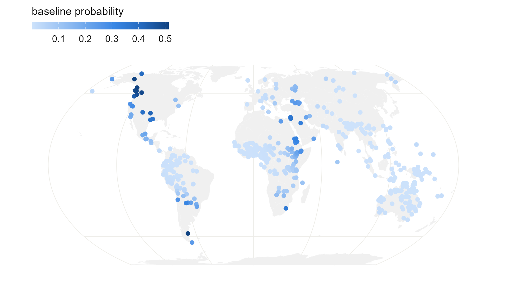 The spatial baseline at each language's location: the probability of ejectives the model expects there at sea level. The surface rises over the same regions where the map in an earlier chapter showed clusters.