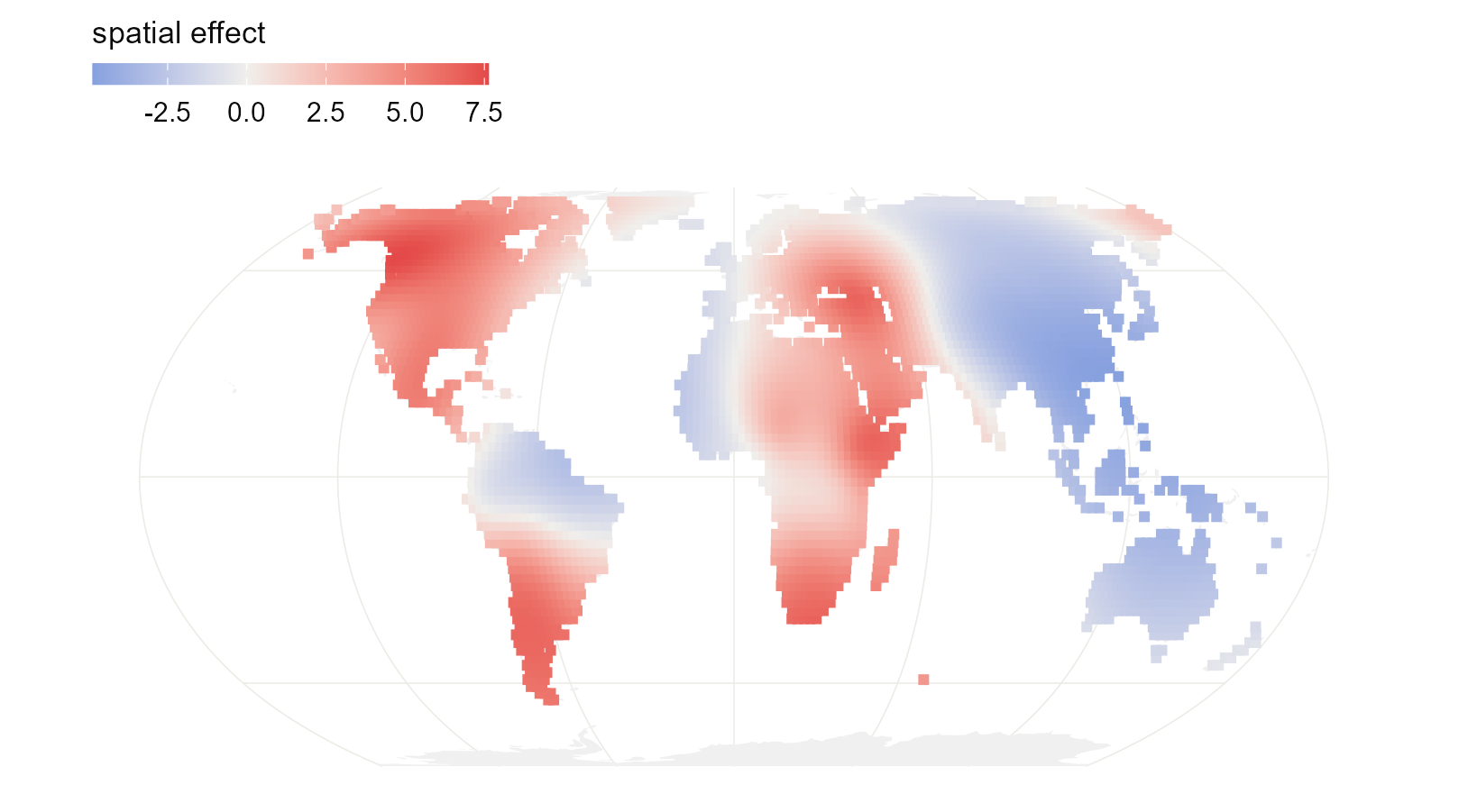 The spline-on-the-sphere surface on land, on the logit scale. It finds the same regions as the SPDE surface above and the Gaussian process of the earlier chapter.