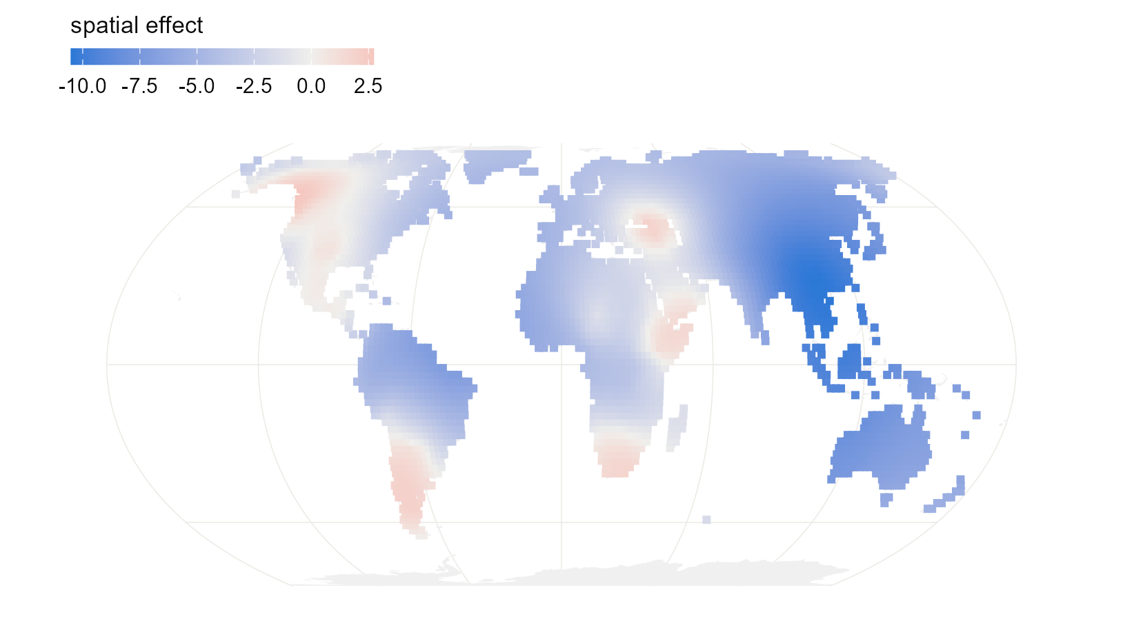Posterior mean of the SPDE surface on land, on the logit scale. Red regions favour ejectives beyond what elevation predicts; blue regions disfavour them.